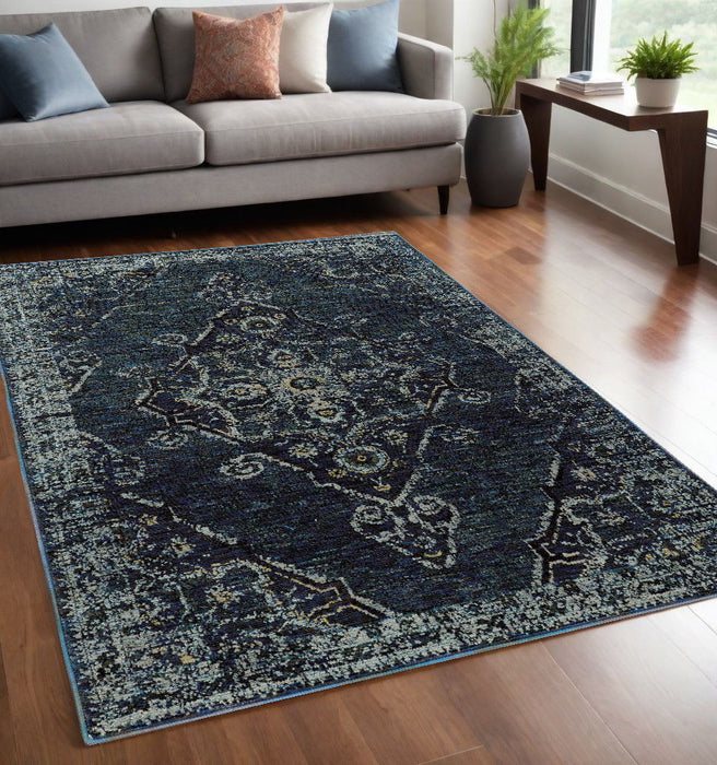 5' x 7' Oriental Power Loom Area Rug - Blue And Black