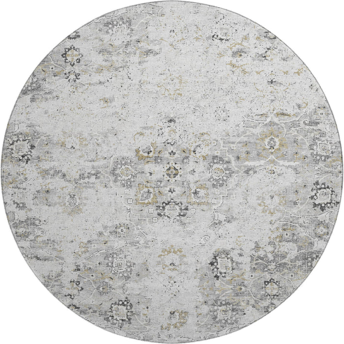 8' Floral Medallion Distressed Washable Round Rug With UV Protection (644201) - Light Gray / Charcoal