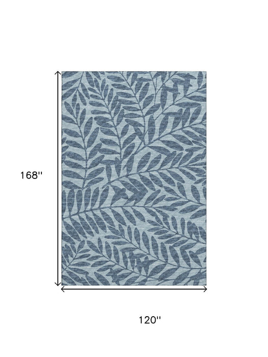 10' X 14' Botanical Leaves Washable Area Rug With UV Protection (644868) - Blue / Ivory