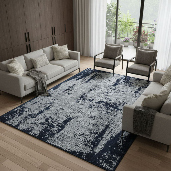 7' X 10' Abstract Distressed Area Rug With Fringe (722507) - Gray / Navy Blue
