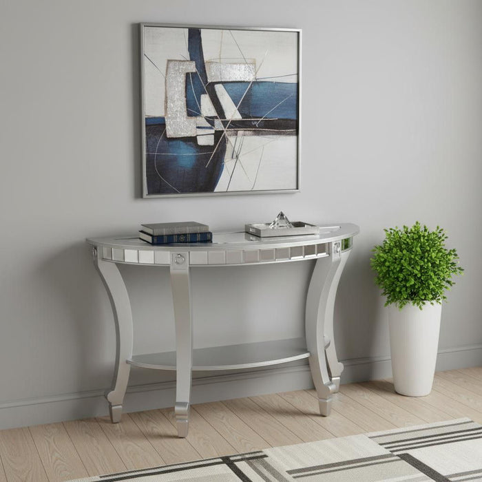 Mirrored Glass Half Circle Console Table With Storage - Silver