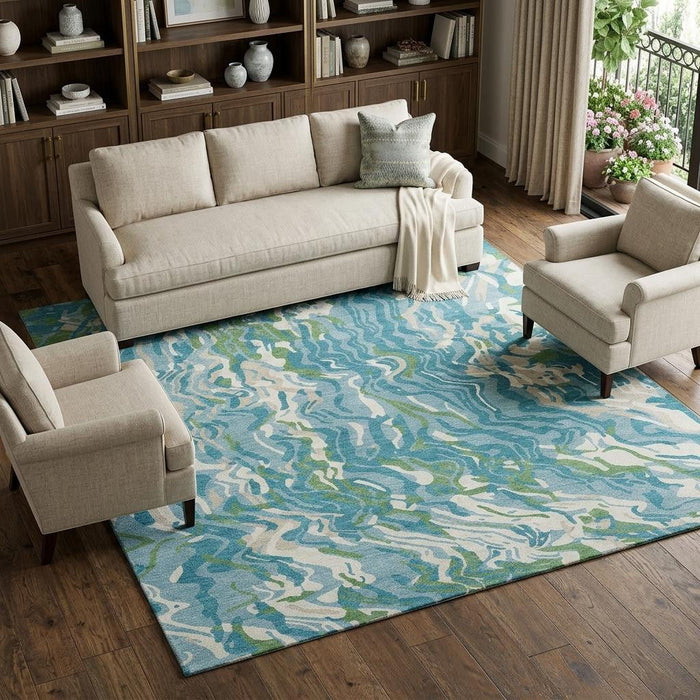 10' X 14' Abstract Washable Area Rug With UV Protection (681473) - Teal / Green / Ivory