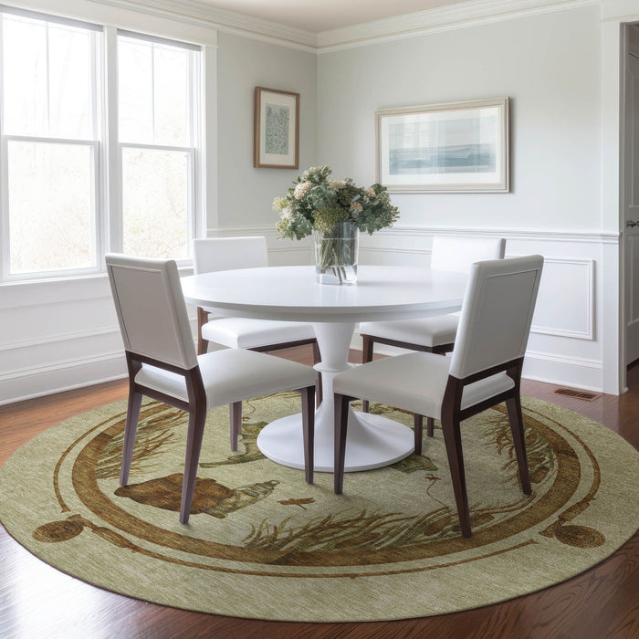 8' Nautical Washable Round Rug With UV Protection - Khaki