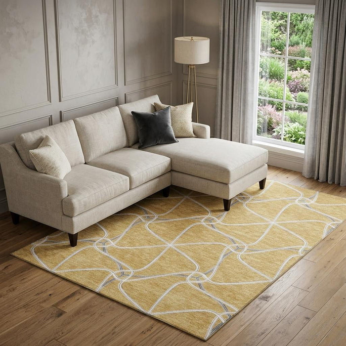 10' X 14' Geometric Washable Area Rug With UV Protection (675372) - Gold / Ivory / Gray