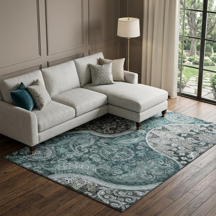 10' X 14' Paisley Washable Area Rug With UV Protection (683764) - Teal / Charcoal / Ivory