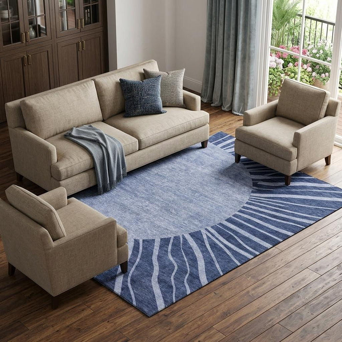 9' X 12' Abstract Washable Area Rug With UV Protection (655396) - Navy Blue / Ivory