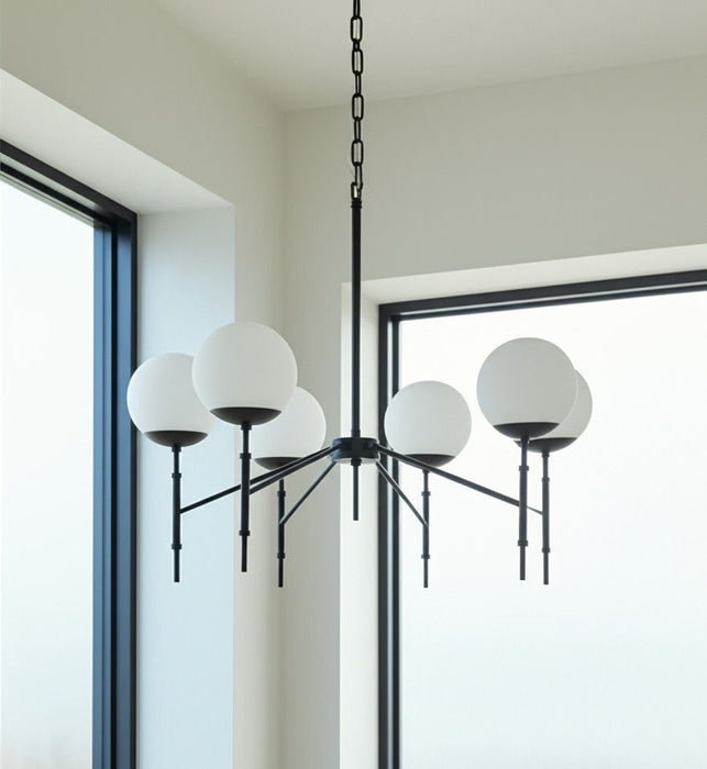 Sputnik Six Light Frosted Metal And Glass Dimmable Chandelier With White Shades - Black