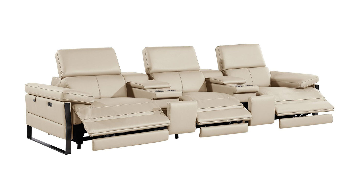 Top Grain Leather Reclining Metal USB Sofa (720343) - Beige