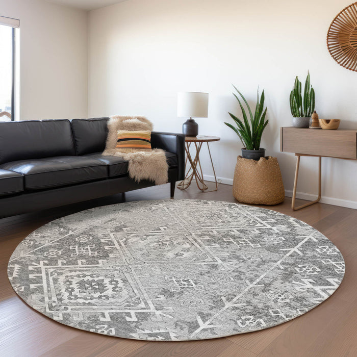 8' Geometric Washable Round Rug With UV Protection - Ash Gray And Ivory