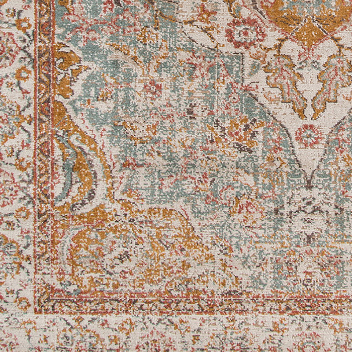 9' x 12' Oriental Power Loom Worn Faded Area Rug - Sea Blue And Orange