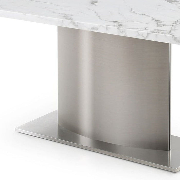 72" Marble And Stainless Steel Pedestal Base Dining Table - Gray / White