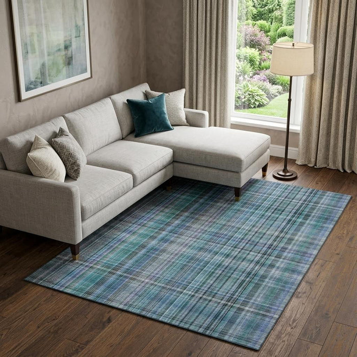 9' X 12' Plaid Washable Area Rug With UV Protection (648309) - Teal / Gray