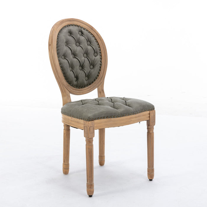 Giga French style solid wood dining chair with antique painting, nailhead trim, wood legs, and hand-pulled buckle decoration.
