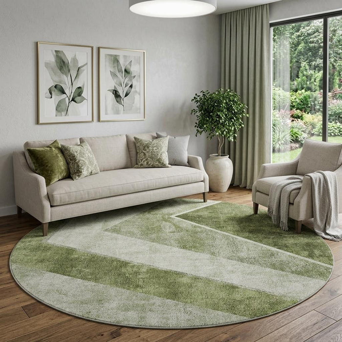 8' Geometric Washable Round Rug With UV Protection (655570) - Olive Green / Gray / Silver