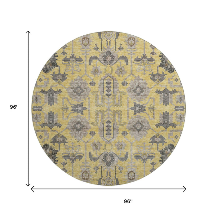 8' Oriental Washable Round Rug With UV Protection (656630) - Amber / Gray / Charcoal