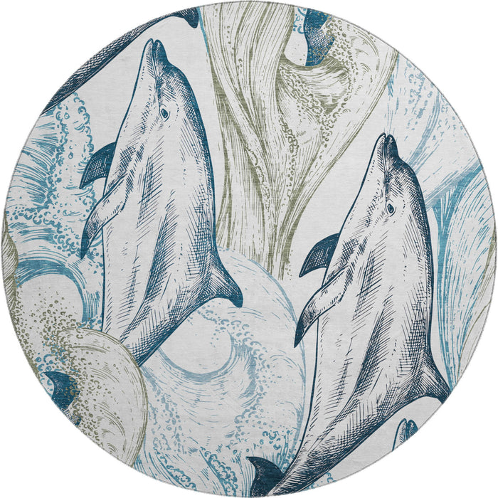 8' Denim Nautical Washable Round Rug With UV Protection - Ivory