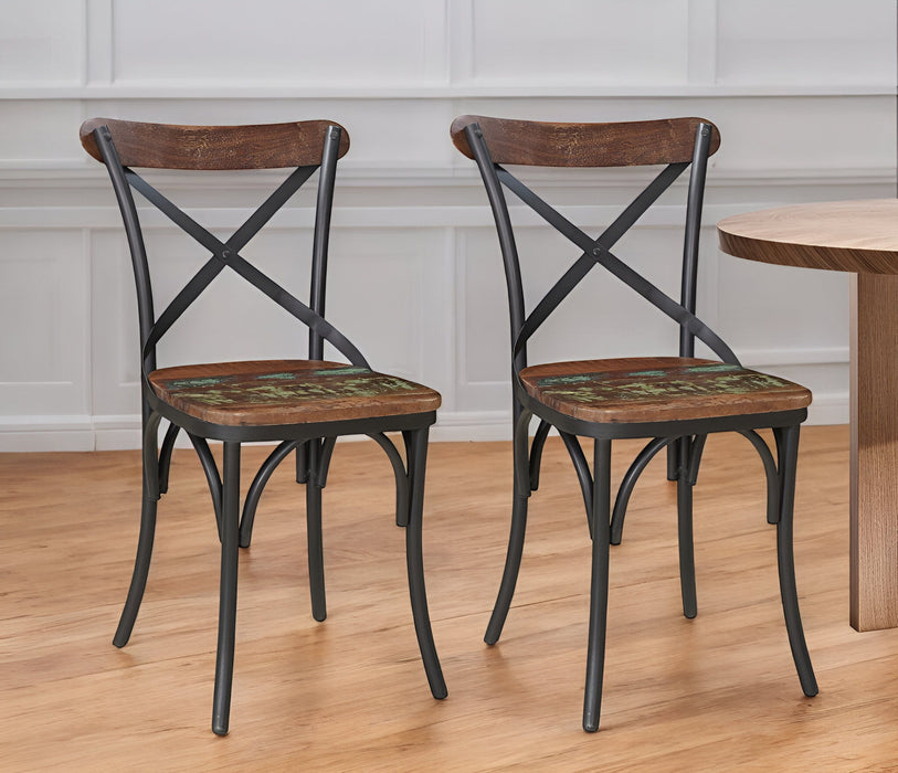 Metal Wood Cross Back Dining Side Chairs (Set of 2) - Black / Brown
