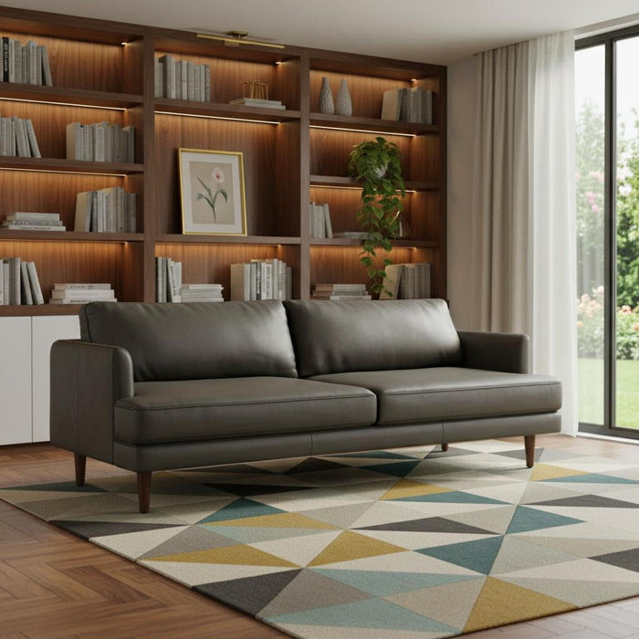 76" Leather Sofa With Brown Legs - Black