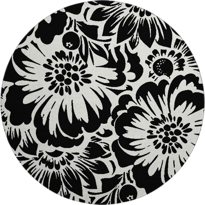 8' Floral Washable Round Rug With UV Protection (648619) - Black / Ivory