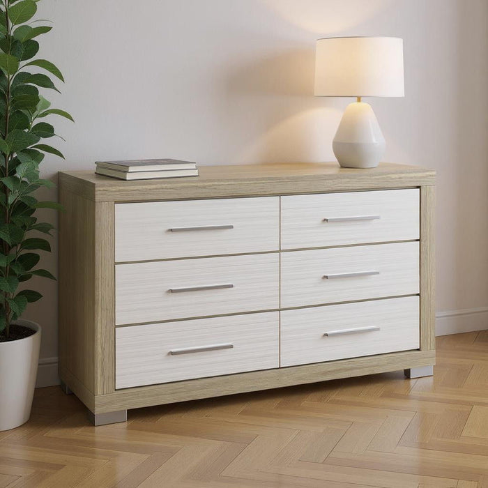 63" Wood Six Drawer Double Dresser - Natural And White