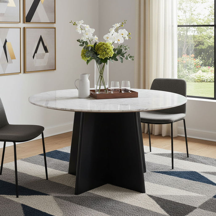 51" Marble And Wood Pedestal Base Round Top Dining Room Table - White