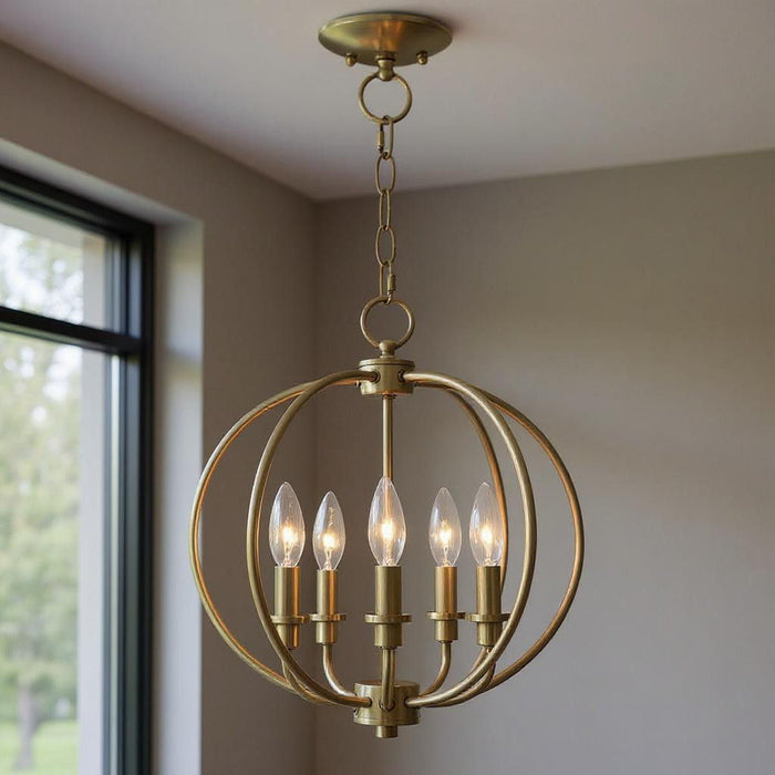 15" Five Light Dimmable Chandelier With Shades - Antiqued Brass