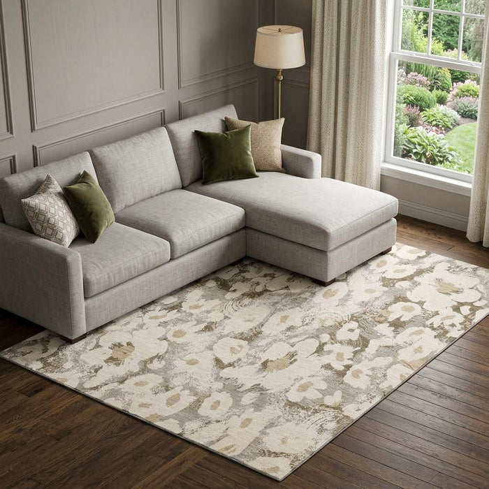 8' X 10' Floral Washable Area Rug With UV Protection (648170) - Khaki / Gray / Ivory