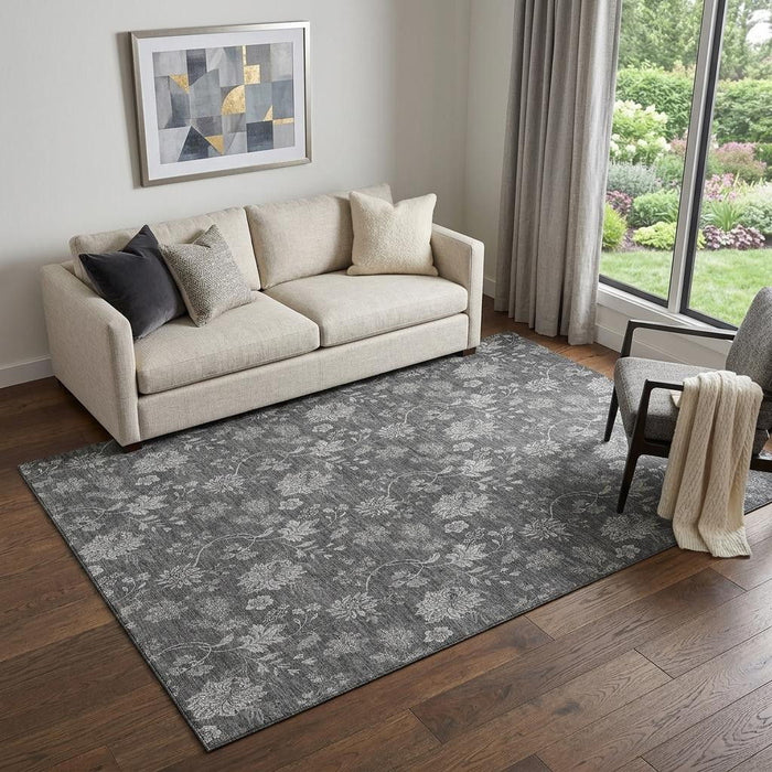 5' X 8' Floral Washable Area Rug With UV Protection (655922) - Gray / Silver