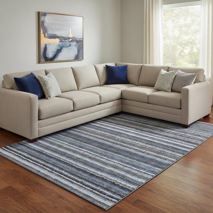 9' X 12' Striped Washable Area Rug With UV Protection (650781) - Blue / Gray