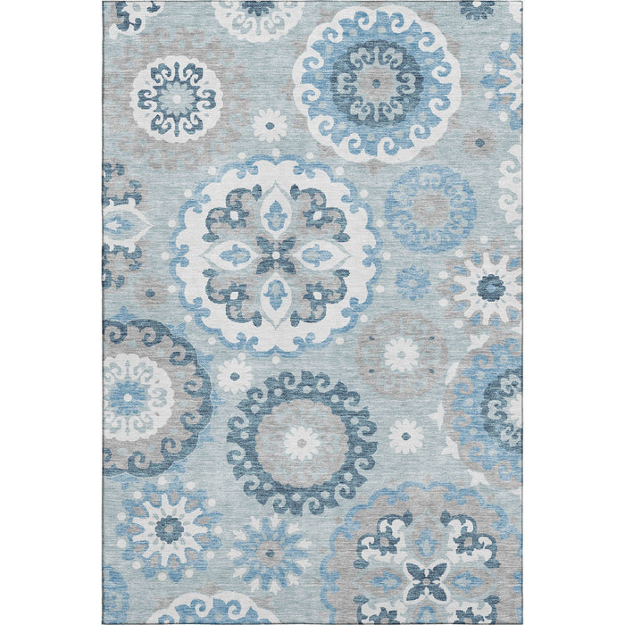 10' X 14' Medallion Washable Area Rug With UV Protection - Sky Blue / Ivory