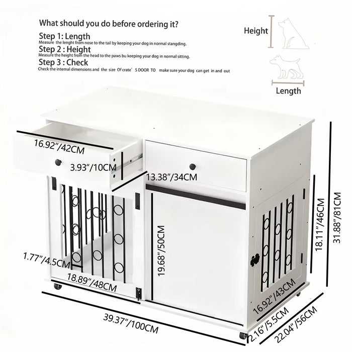 White Giga dog crate furniture with double drawers, sliding barn door, designed for small to medium dogs, stylish pet kennel.