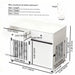 White Giga dog crate furniture with double drawers, sliding barn door, designed for small to medium dogs, stylish pet kennel.