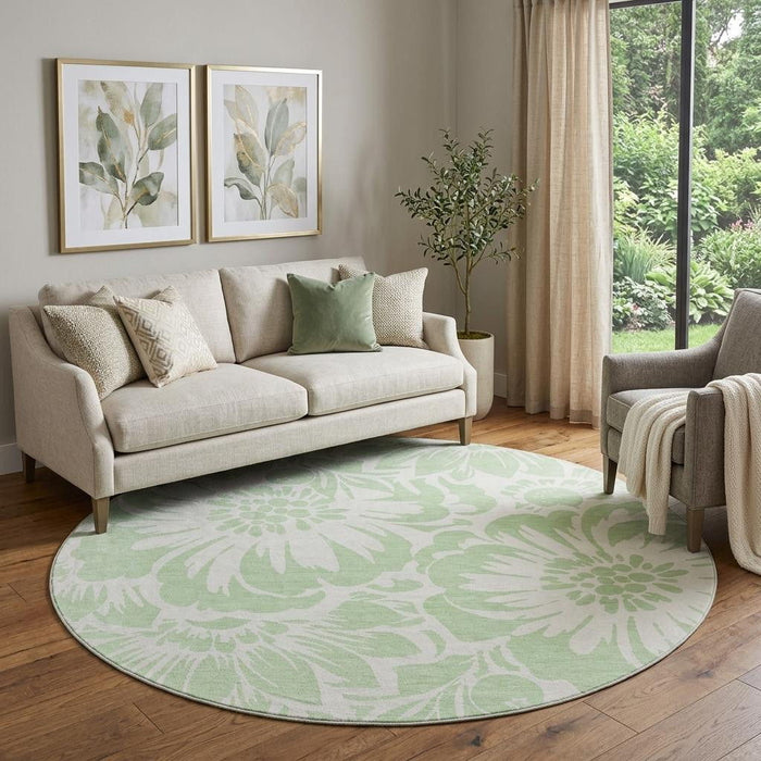 8' Floral Washable Round Rug With UV Protection (648661) - Mint Green / Ivory