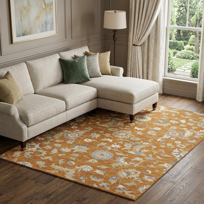 10' X 14' Floral Washable Area Rug With UV Protection (679006) - Rust / Gray / Beige