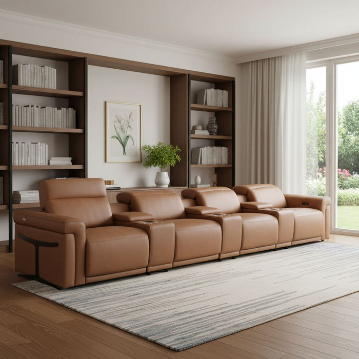 Top Grain Leather Reclining Metal USB Sofa (720375) - Chestnut