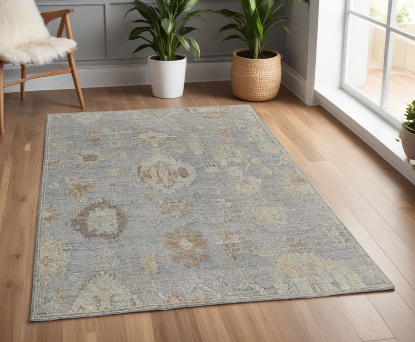 4' x 6' Wool Floral Hand Knotted Area Rug - Gray And Blue