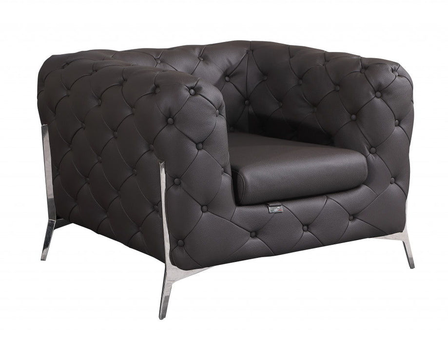 Glam Tufted Leather Armchair - Dark Gray And Chrome