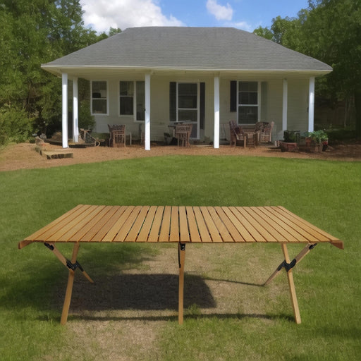 Giga multi-function wooden foldable patio dining table, portable and universal for indoor and outdoor use, natural finish.