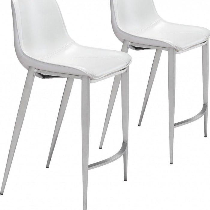 Set of two white and silver steel counter height bar chairs with low backs, featuring modern design and sleek finish.