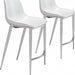 Set of two white and silver steel counter height bar chairs with low backs, featuring modern design and sleek finish.