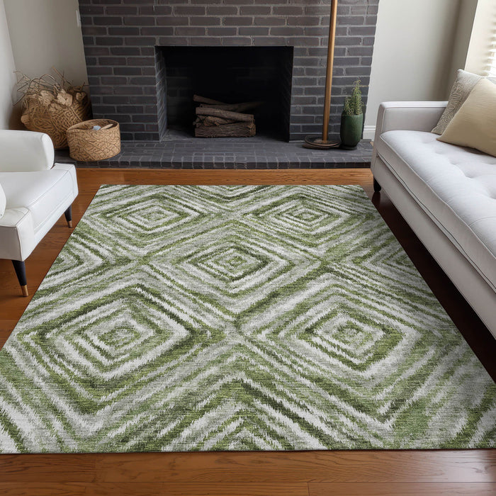 10' X 14' Geometric Washable Area Rug With UV Protection - Artichoke Green