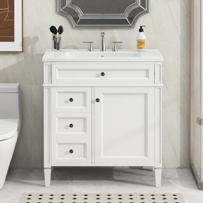 Giga bathroom vanity with top sink, storage cabinet, two drawers, and tip-out drawer, featuring modern design and clean lines.