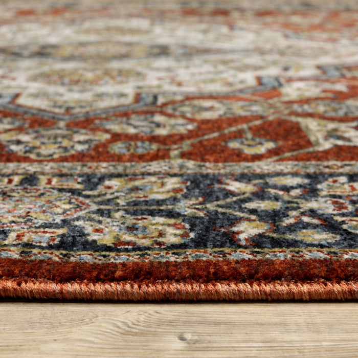 10' x 13' Oriental Power Loom Stain Resistant Area Rug With Fringe - Red Ivory Blue Navy Gold And Gray