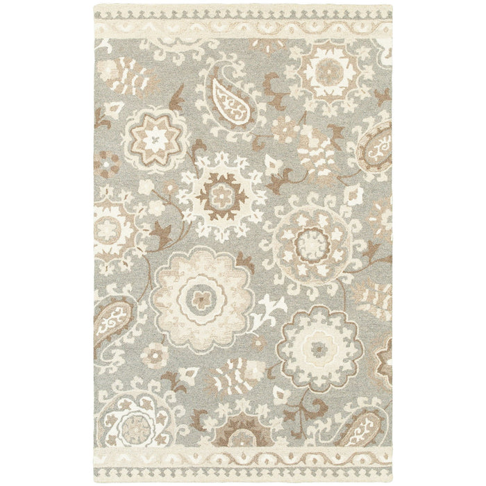 5' X 8' Wool Floral Hand Tufted Area Rug - Gray And Sand