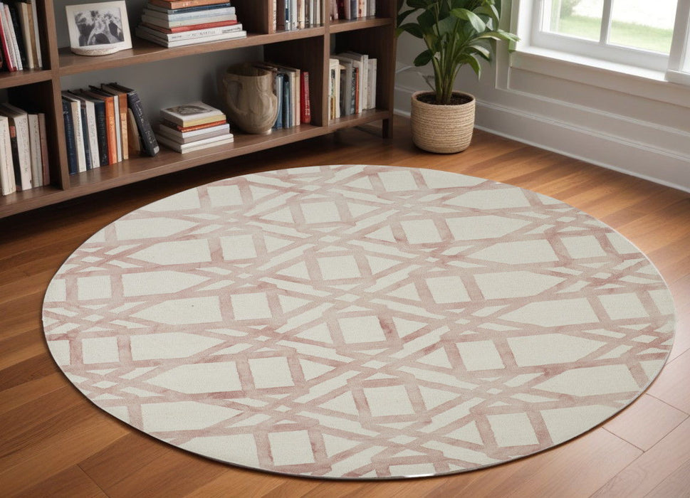 10' Wool Geometric Hand Tufted Round Rug - Pink And Ivory