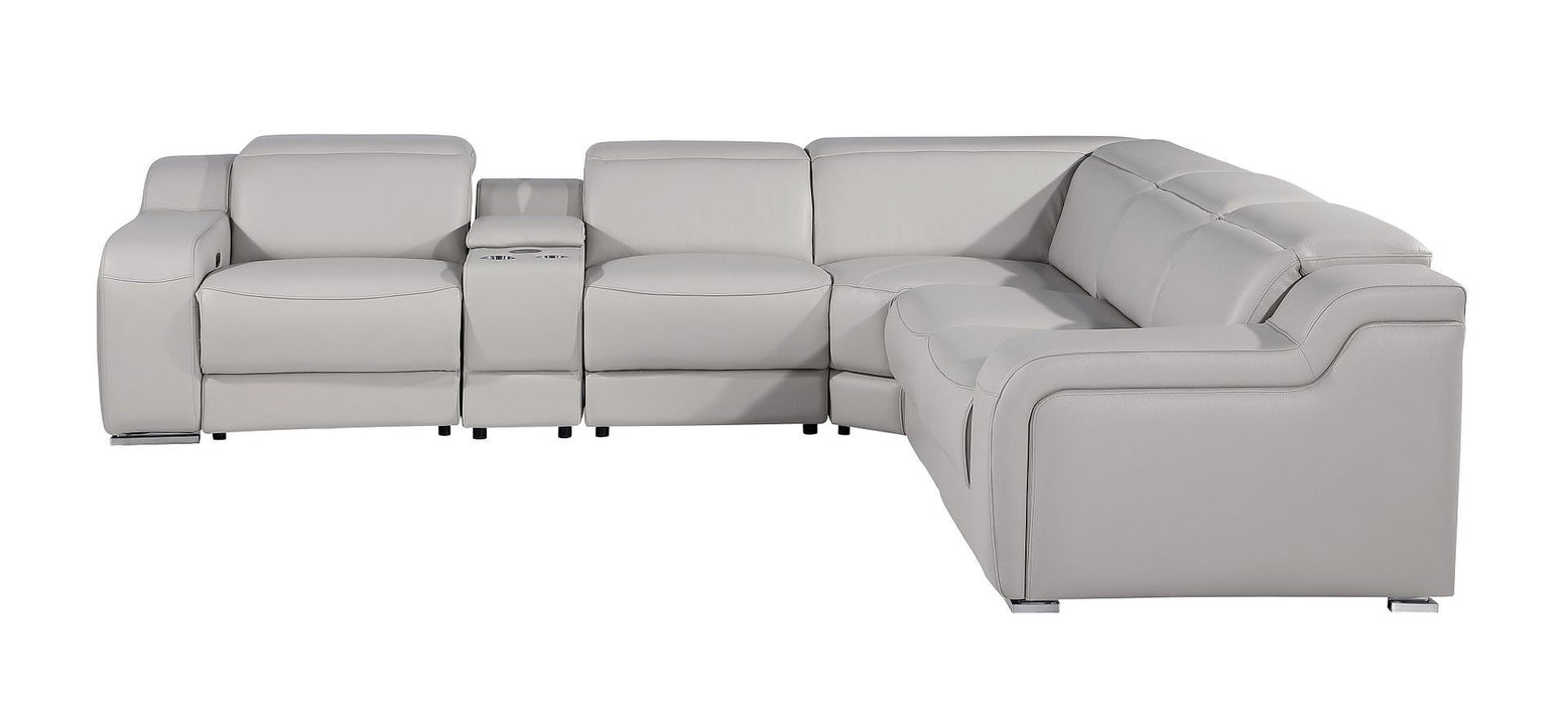 Italian Leather Power Reclining Curved Six Piece Corner Sectional With Console - Light Gray