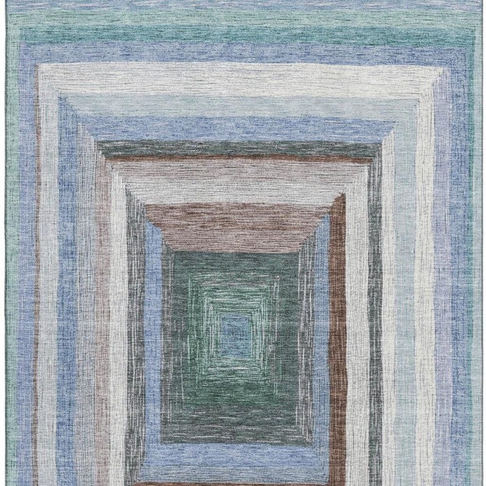 10' X 14' Geometric Washable Area Rug With UV Protection (709330) - Denim Blue / Ivory / Brown