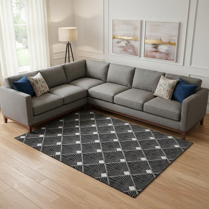 10' X 14' Abstract Geometric Washable Area Rug With UV Protection (672665) - Black / Ivory