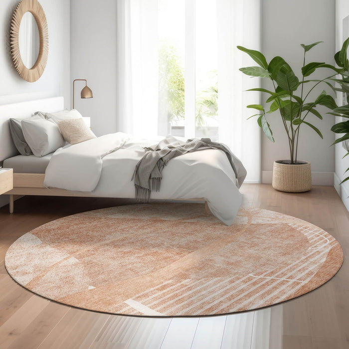 8' Abstract Geometric Washable Round Rug With UV Protection - Salmon And Ivory
