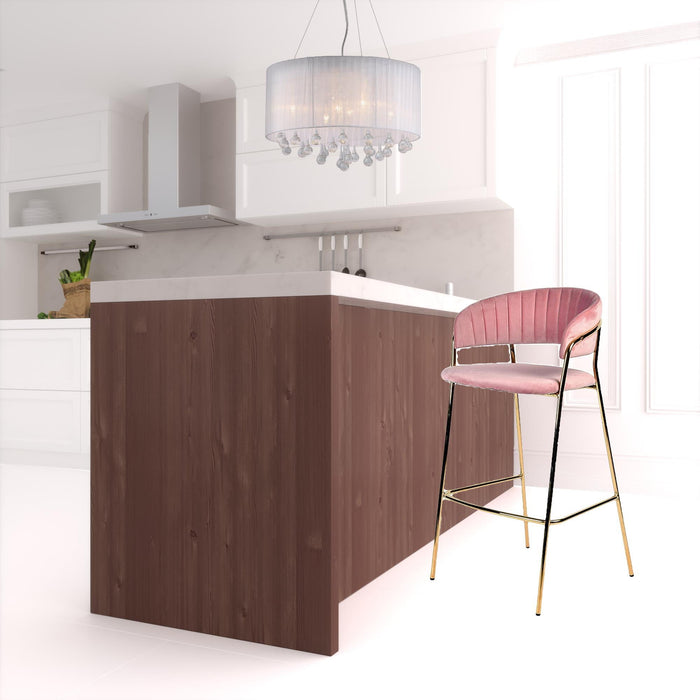 Set of two pink and gold steel low back bar height chairs by HomeRoots, featuring sleek modern design and sturdy metal frames.